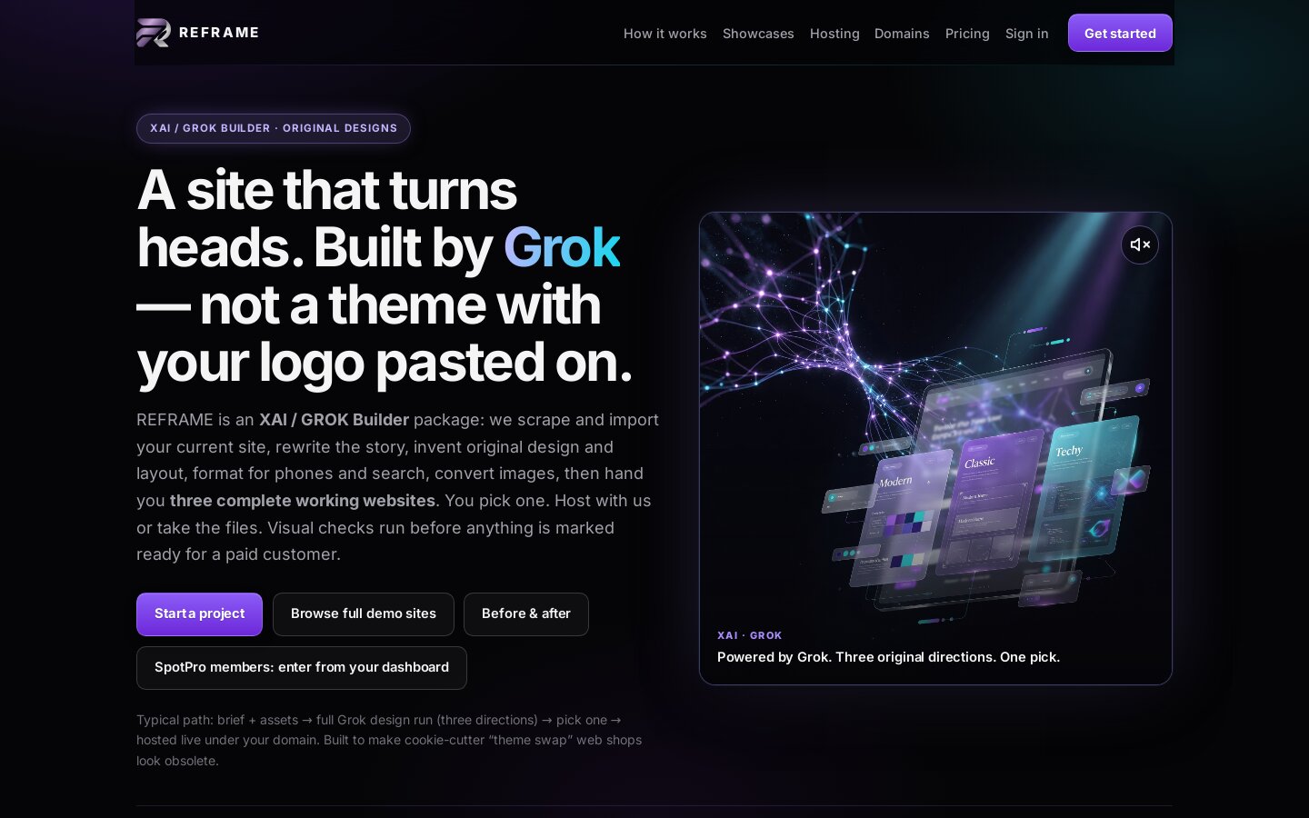 REFRAME with Grok (xAI) — three complete multi-page websites for your shop
